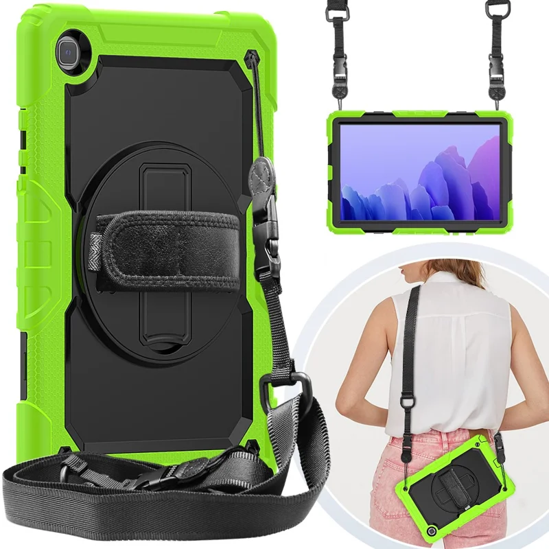 For Samsung Galaxy Tab A7 10.4 (2020) / (2022) 360 Degree Swivel Kickstand Tablet Cover with Shoulder Strap - Green / Black