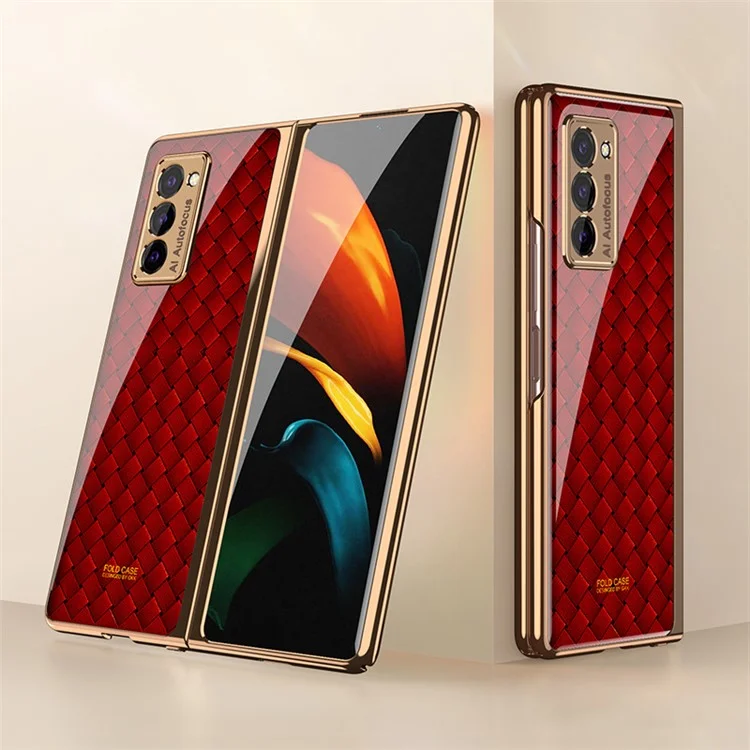 Caixa de Telefone de Vidro Temperado GKK + PC Para Samsung Galaxy Z Fold2 5G, Design de Padrão Caixa de Capa de Celular Dobrável - Padrão de Tecido Vermelho