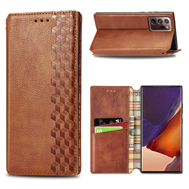 For Samsung Galaxy Note 20 Ultra / Note 20 Ultra 5G PU Leather Case Rhombus Imprint Wallet Stand Phone Cover - Brown