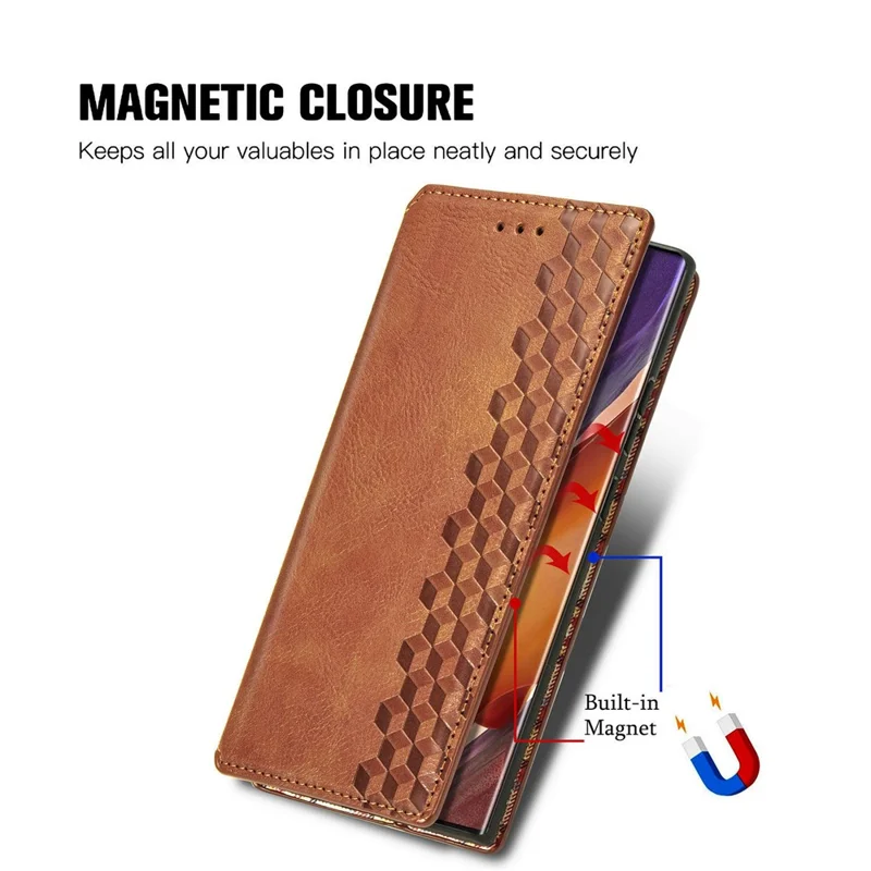 For Samsung Galaxy Note 20 Ultra / Note 20 Ultra 5G PU Leather Case Rhombus Imprint Wallet Stand Phone Cover - Brown