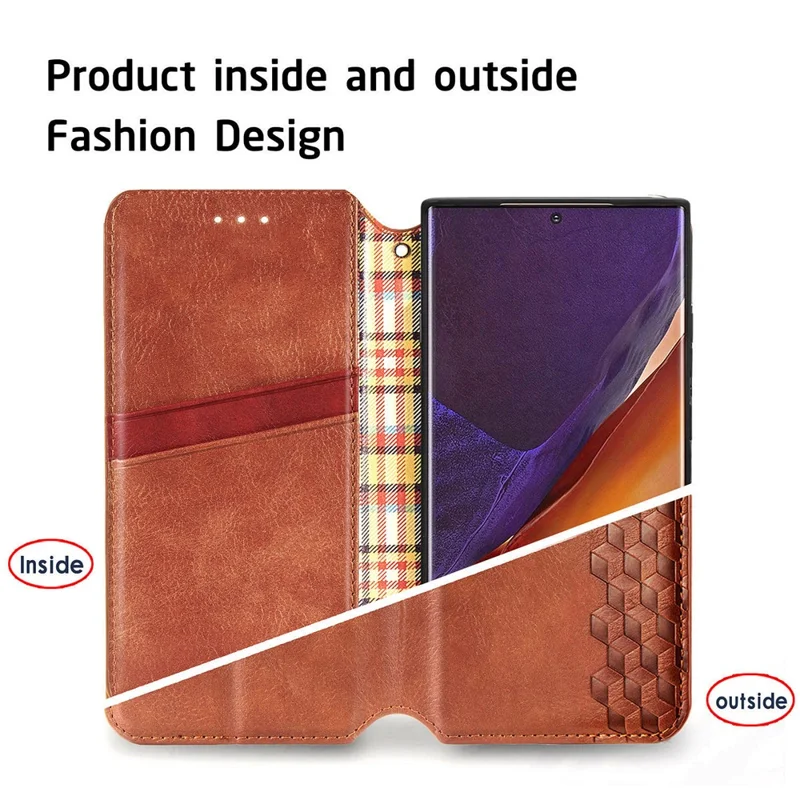 For Samsung Galaxy Note 20 Ultra / Note 20 Ultra 5G PU Leather Case Rhombus Imprint Wallet Stand Phone Cover - Brown