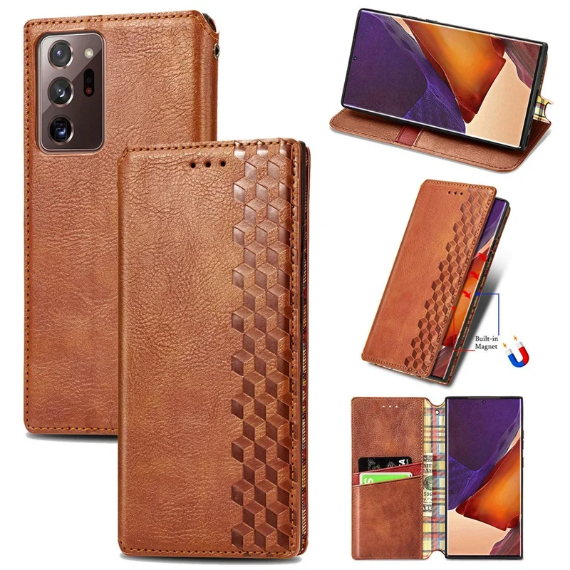 For Samsung Galaxy Note 20 Ultra / Note 20 Ultra 5G PU Leather Case Rhombus Imprint Wallet Stand Phone Cover - Brown