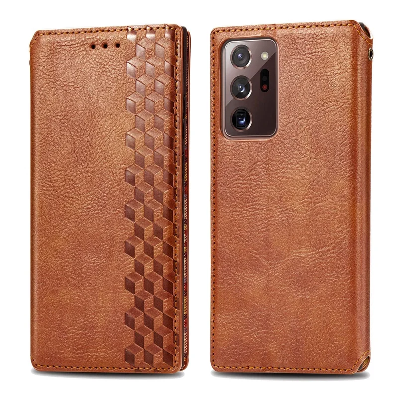 For Samsung Galaxy Note 20 Ultra / Note 20 Ultra 5G PU Leather Case Rhombus Imprint Wallet Stand Phone Cover - Brown