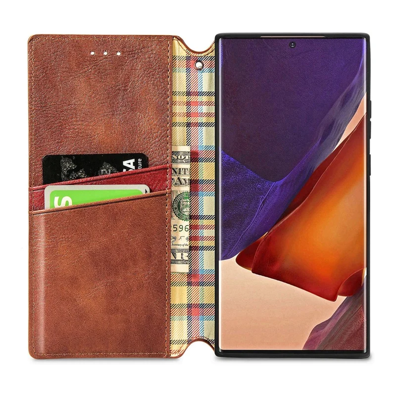 For Samsung Galaxy Note 20 Ultra / Note 20 Ultra 5G PU Leather Case Rhombus Imprint Wallet Stand Phone Cover - Brown
