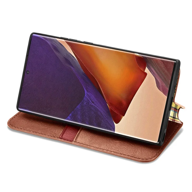 For Samsung Galaxy Note 20 Ultra / Note 20 Ultra 5G PU Leather Case Rhombus Imprint Wallet Stand Phone Cover - Brown