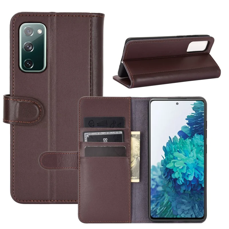 For Samsung Galaxy S20 FE 4G / 5G / 2022 / S20 Lite Phone Cases Genuine Split Leather Wallet Mobile Cover Stand - Brown