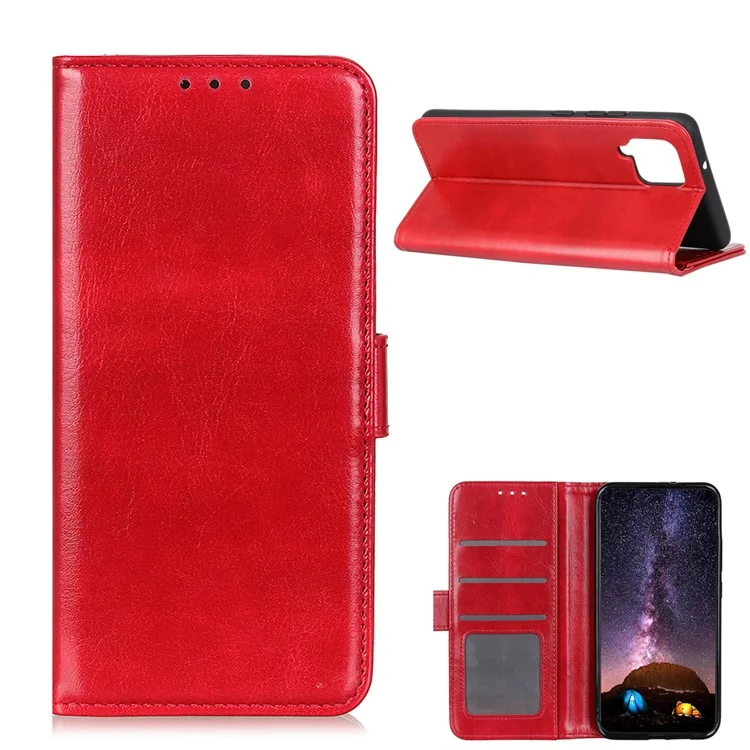 Smartphone Case Bag Crazy Horse Wallet Stand PU Leather Phone Cover for Samsung Galaxy A12 Mobile Phone Case - Red