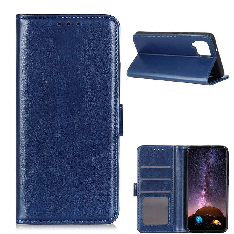 Smartphone Case Bag Crazy Horse Wallet Stand PU Leather Phone Cover for Samsung Galaxy A12 Mobile Phone Case - Blue