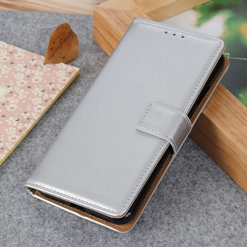 Anti-scratch Shockproof Phone Covering Wallet Function Stand Leather Magnetic Phone Shell Case for Samsung Galaxy A12 - Silver