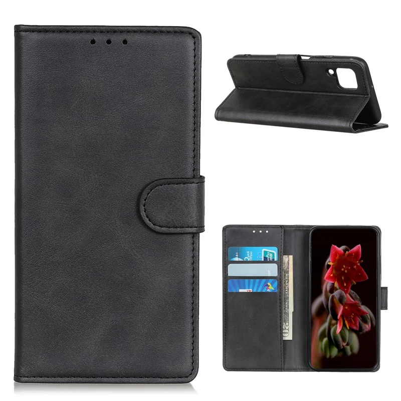 Phone Flip Case for Samsung Galaxy A12, Practical Supporting Stand Wallet PU Leather Protective Cover - Black