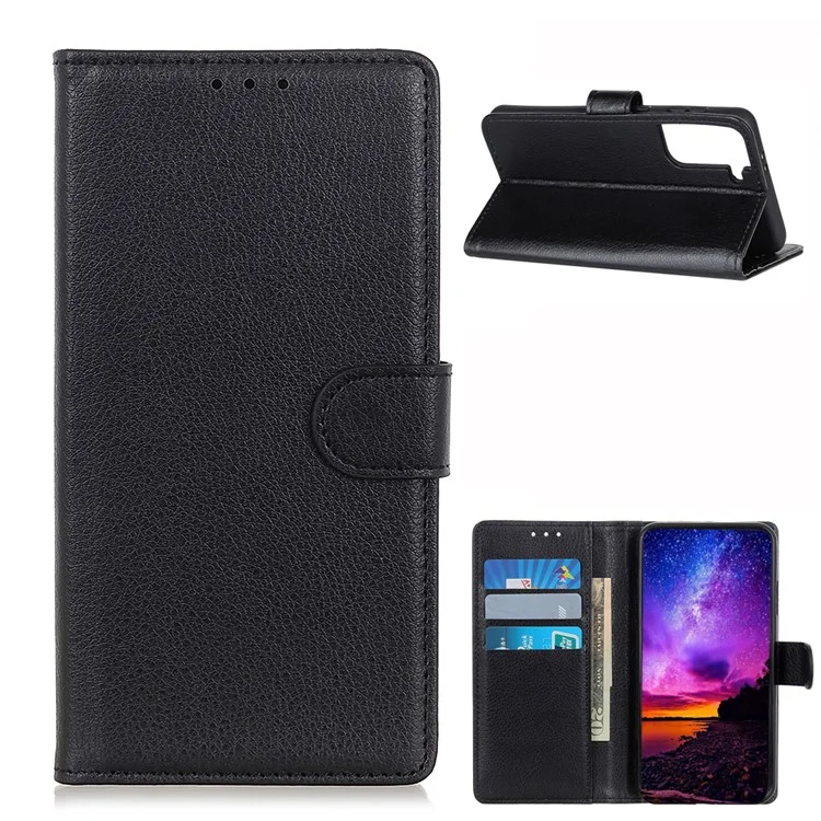 Soft TPU Edge + Litchi Texture PU Leather Phone Protective Case for Samsung Galaxy S21 5G/S21 4G - Black