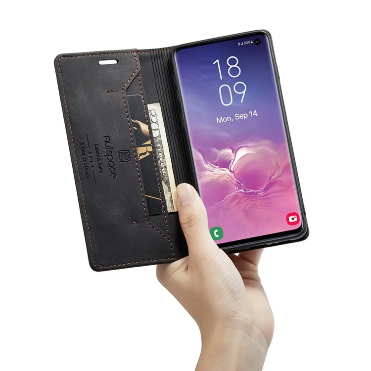 AUTSPACE A01 Series RFID Blocking Retro Matte Leather Case Wallet for Samsung Galaxy S10 - Black