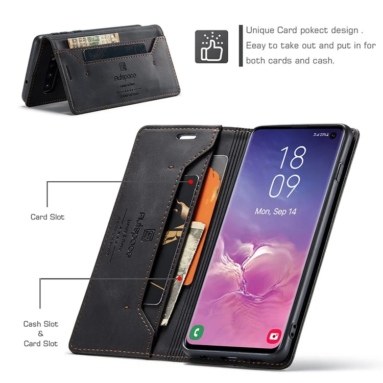 AUTSPACE A01 Series RFID Blocking Retro Matte Leather Case Wallet for Samsung Galaxy S10 - Black