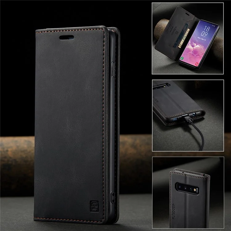 AUTSPACE A01 Series RFID Blocking Retro Matte Leather Case Wallet for Samsung Galaxy S10 - Black