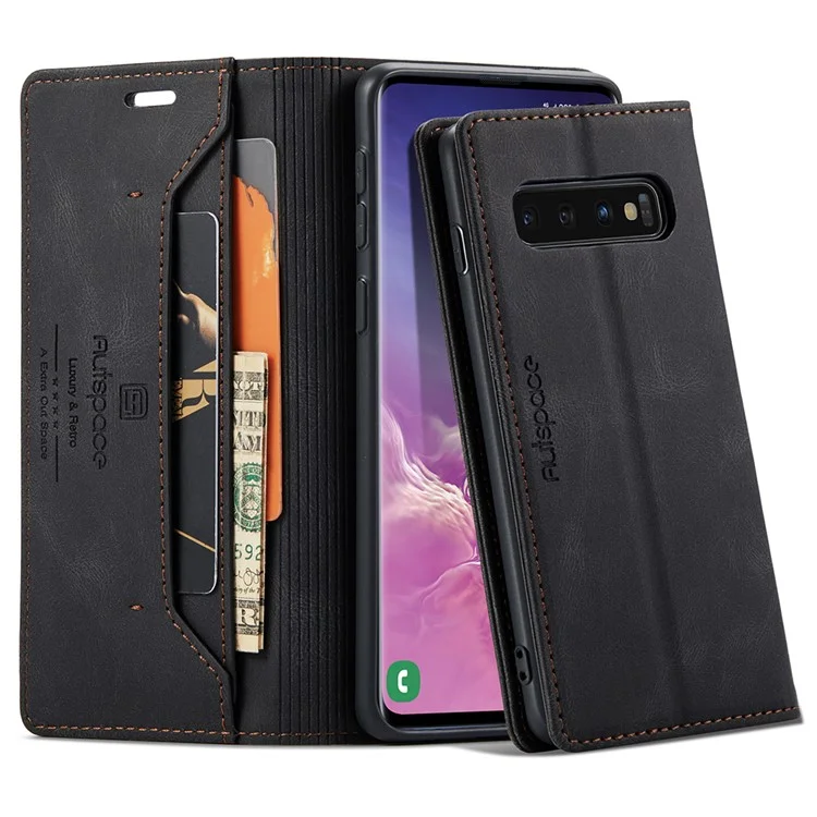 AUTSPACE A01 Series RFID Blocking Retro Matte Leather Case Wallet for Samsung Galaxy S10 - Black