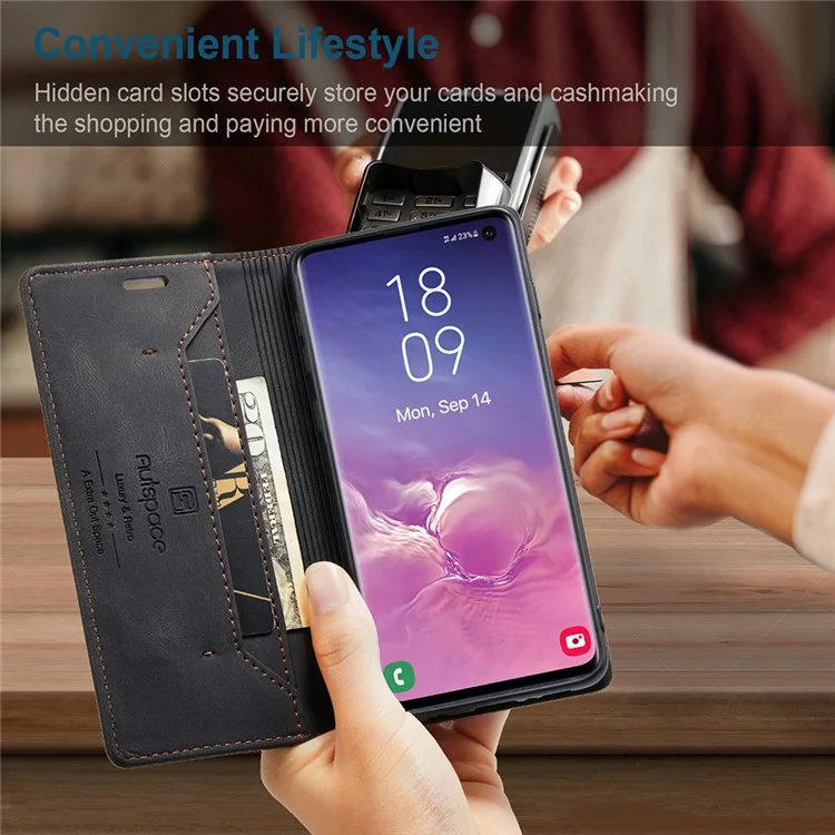 AUTSPACE A01 Série RFID Blocking Retro Matte Leather Case Wallet para Samsung Galaxy S10 - Preto