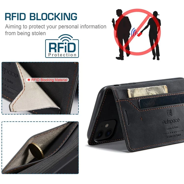 Autspace A01 -serie RFID Blocking Wallet Retro Matte Leder Telefonhülle Für Iphone 11 6,1 Zoll - Schwarz