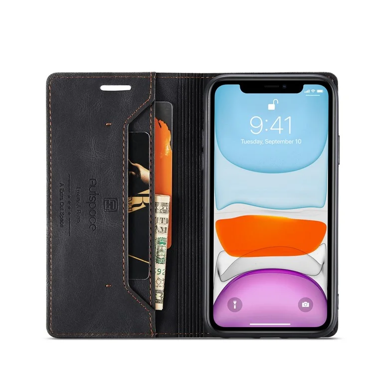 AUTSPACE A01 Series RFID Blocking Wallet Retro Matte Leather Phone Case for iPhone 11 6.1 inch - Black