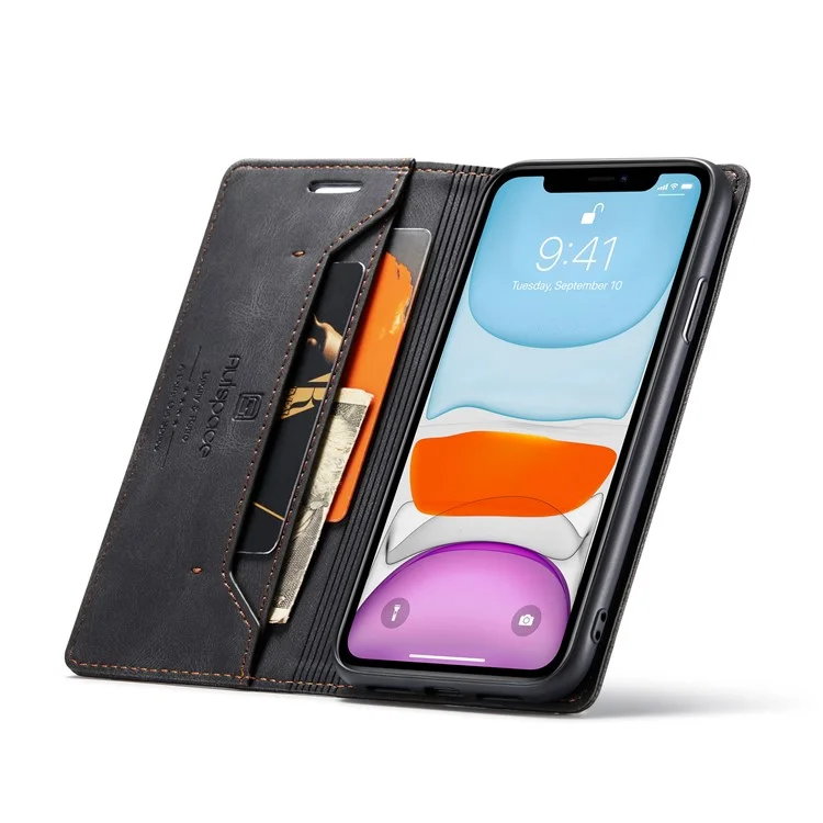 Autspace A01 -serie RFID Blocking Wallet Retro Matte Leder Telefonhülle Für Iphone 11 6,1 Zoll - Schwarz