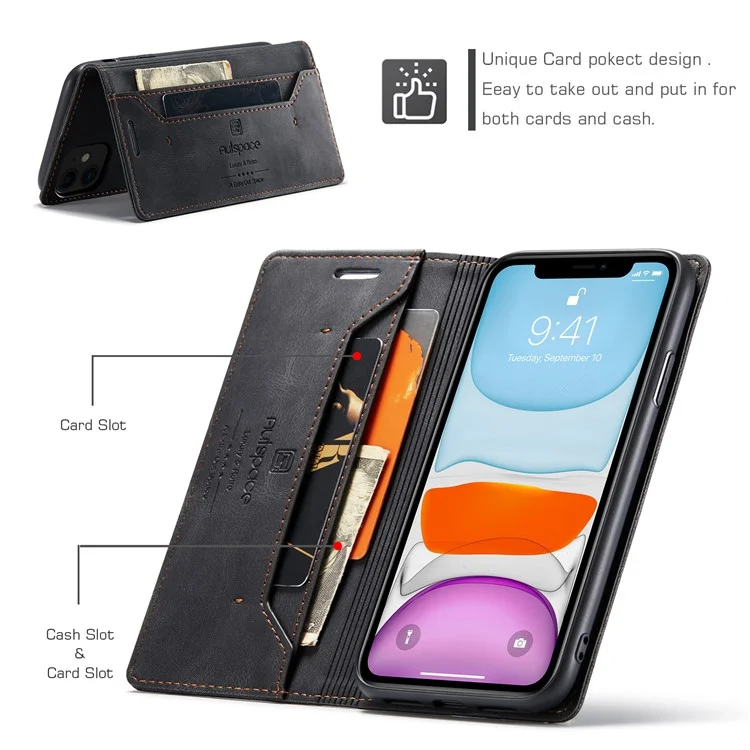 AUTSPACE A01 Series RFID Blocking Wallet Retro Matte Leather Phone Case for iPhone 11 6.1 inch - Black