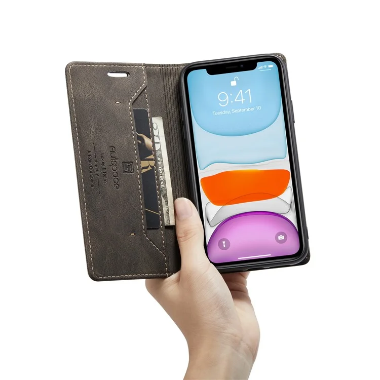 Autspace A01 -serie RFID Blocking Wallet Retro Matte Leder Telefonhülle Für Iphone 11 6,1 Zoll - Schwarz