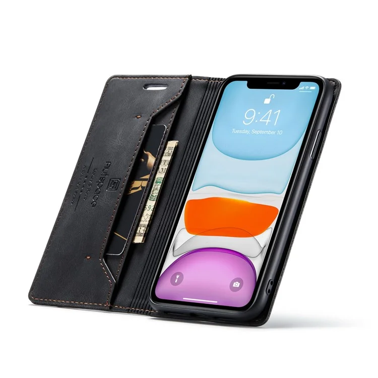 Autspace A01 -serie RFID Blocking Wallet Retro Matte Leder Telefonhülle Für Iphone 11 6,1 Zoll - Schwarz