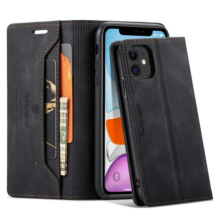 Autspace A01 -serie RFID Blocking Wallet Retro Matte Leder Telefonhülle Für Iphone 11 6,1 Zoll - Schwarz