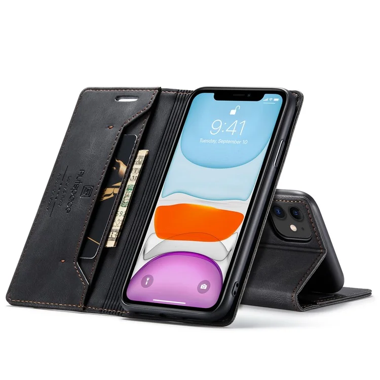 Autspace A01 -serie RFID Blocking Wallet Retro Matte Leder Telefonhülle Für Iphone 11 6,1 Zoll - Schwarz