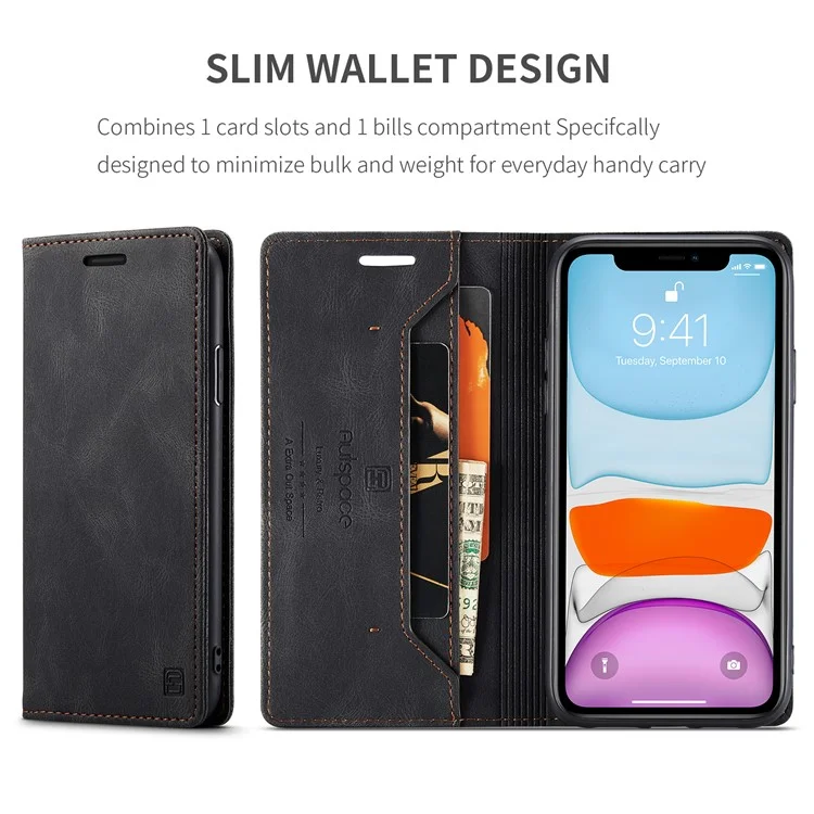 AUTSPACE A01 Series RFID Blocking Wallet Retro Matte Leather Phone Case for iPhone 11 6.1 inch - Black