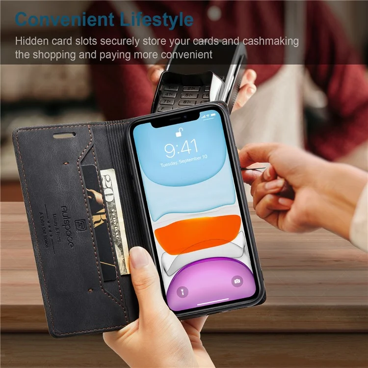 Autspace A01 -serie RFID Blocking Wallet Retro Matte Leder Telefonhülle Für Iphone 11 6,1 Zoll - Schwarz