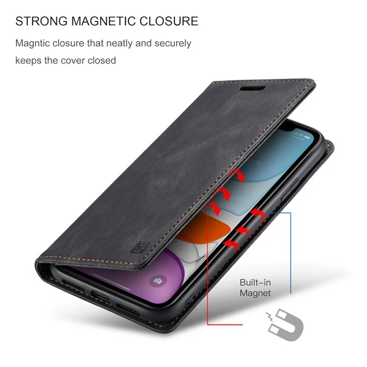 AUTSPACE A01 Series RFID Blocking Wallet Retro Matte Leather Phone Case for iPhone 11 6.1 inch - Black