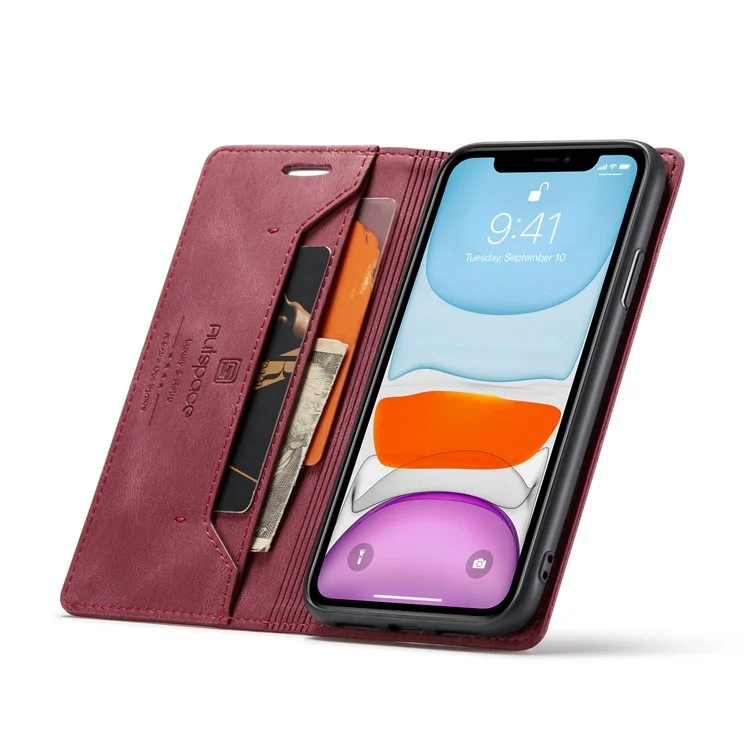 AUTSPACE A01 Series Carteira Bloqueadora RFID Retro Matte Leather Phone Case para iPhone 11 6.1 polegadas - Vermelho