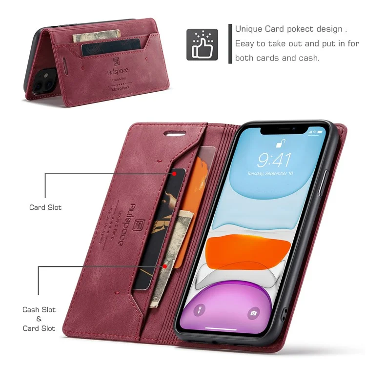 AUTSPACE A01 Series Carteira Bloqueadora RFID Retro Matte Leather Phone Case para iPhone 11 6.1 polegadas - Vermelho