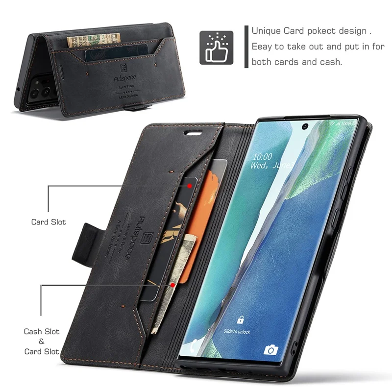 AUTSPACE A01 Series RFID Blocking Retro Matte Leather Wallet Cover for Samsung Galaxy Note20 Ultra/Note20 Ultra 5G - Black