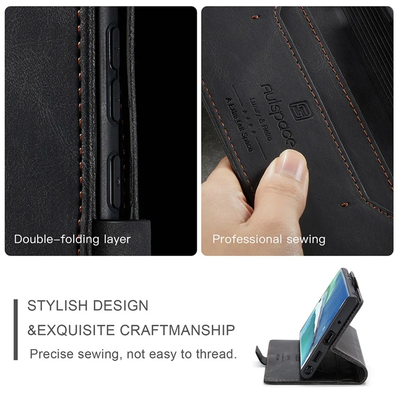 AUTSPACE A01 Series RFID Blocking Retro Matte Leather Wallet Cover for Samsung Galaxy Note20 Ultra/Note20 Ultra 5G - Black