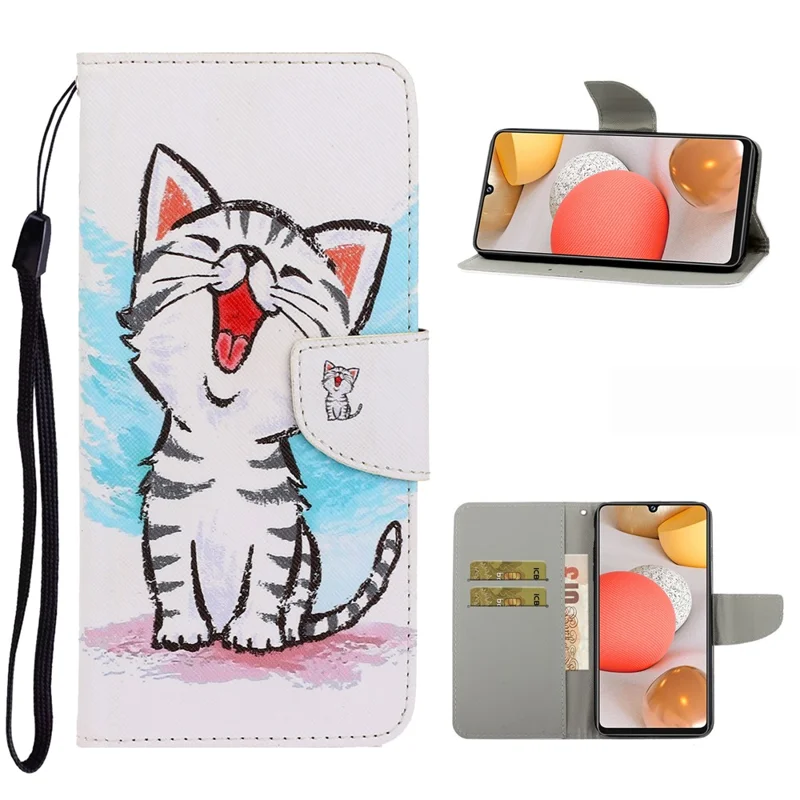 Pattern Printing Leather Case for Samsung Galaxy A42 5G Stand Wallet Cell Phone Cover - Smile Cat