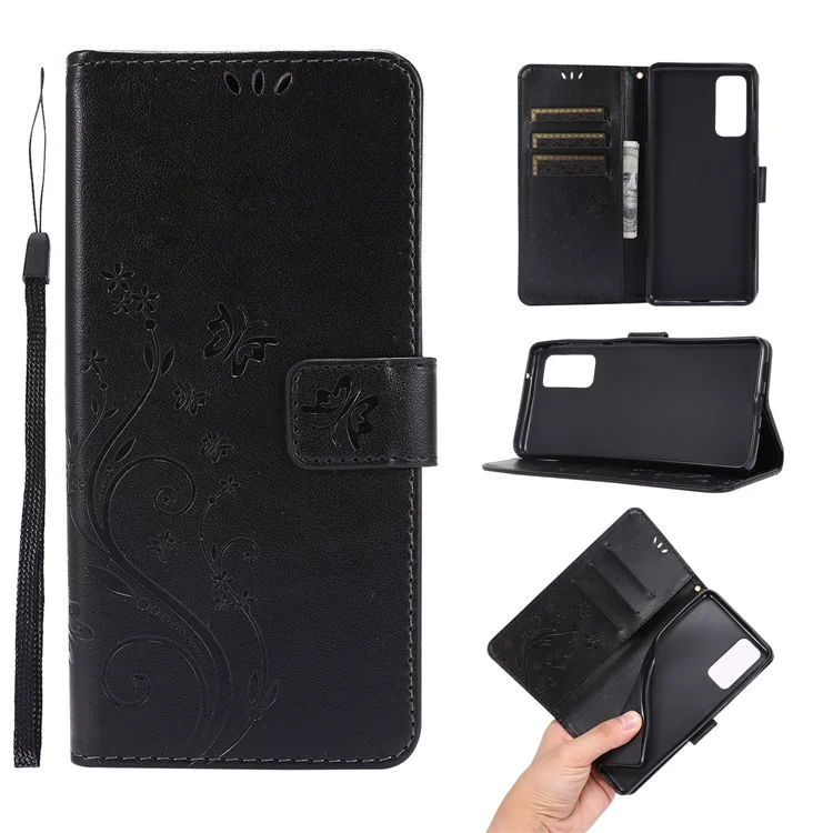 For Samsung Galaxy S20 FE 4G/5G/S20 Lite/S20 FE 2022 Butterfly Flower Imprinting Leather Wallet Case - Black