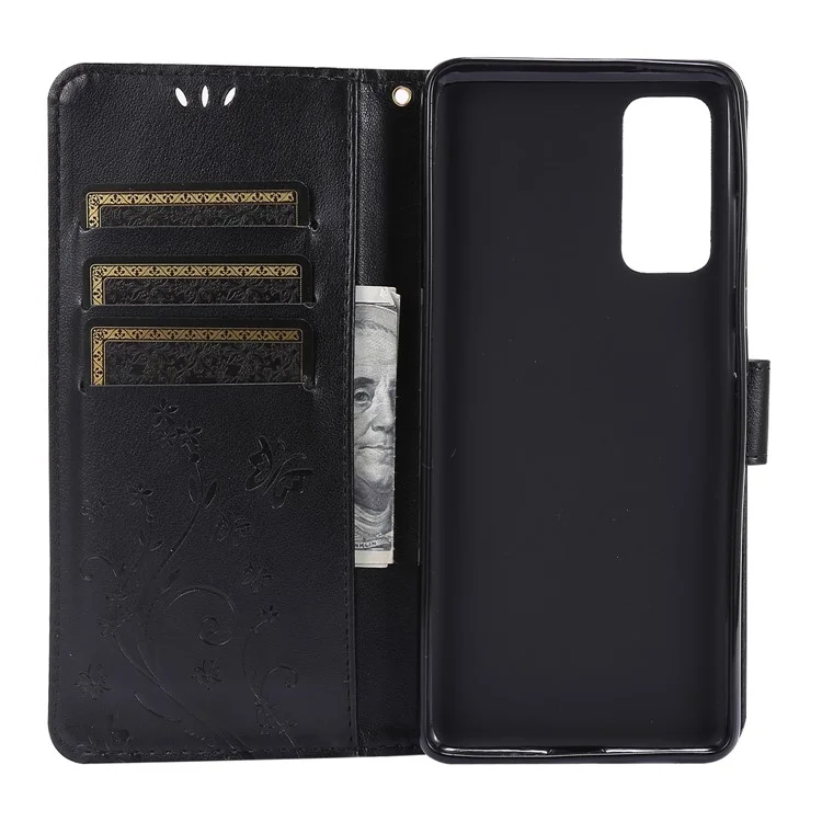 For Samsung Galaxy S20 FE 4G/5G/S20 Lite/S20 FE 2022 Butterfly Flower Imprinting Leather Wallet Case - Black