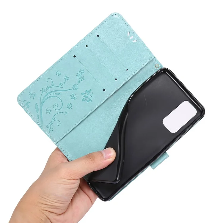 Pour Samsung Galaxy S20 fe 4g / 5g / S20 Lite / S20 fe 2022 Fleur de Papillon Impression de Portefeuille en Cuir - Cyan