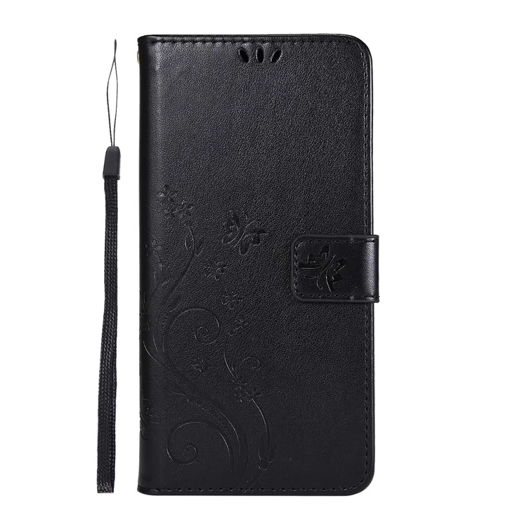 Butterfly Flower Imprinting Leather Phone Case with Wallet Stand for Samsung Galaxy A21s - Black