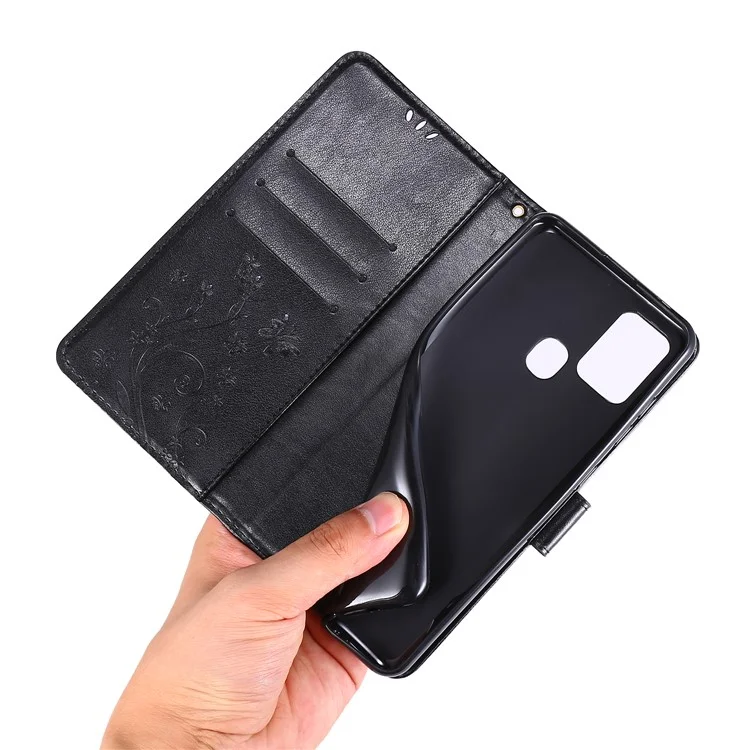 Custodia Per Telefono in Pelle Imprinting Flower Butterfly Con Portafoglio Per Samsung Galaxy A21s - Nero