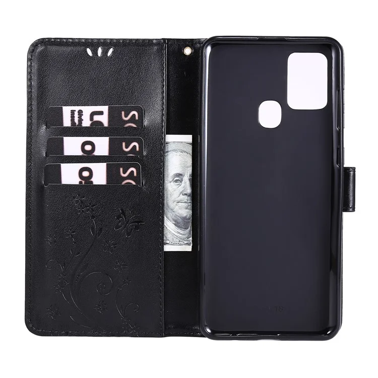 Custodia Per Telefono in Pelle Imprinting Flower Butterfly Con Portafoglio Per Samsung Galaxy A21s - Nero
