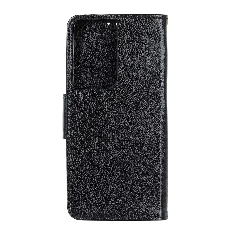 Magnetic Nappa Texture Split Leather Folio Flip Phone Cover for Samsung Galaxy S21 Ultra 5G - Black