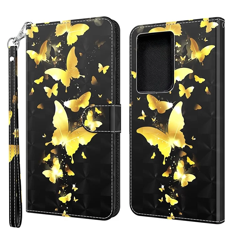 Pattern Printing Light Spot Decor Wallet Stand Leather Phone Casing with Strap for Samsung Galaxy S21 Ultra 5G - Gold Butterfly