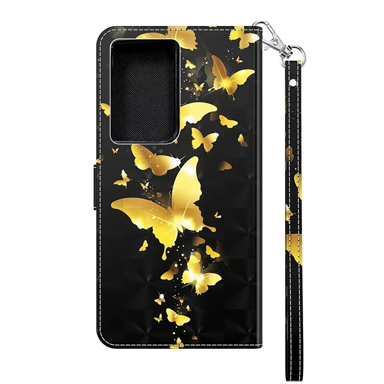 Pattern Printing Light Spot Decor Wallet Stand Leather Phone Casing with Strap for Samsung Galaxy S21 Ultra 5G - Gold Butterfly