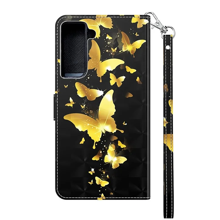 Light Spot Decor Pattern Printing Wallet Stand Leather Phone Cover with Strap for Samsung Galaxy S21 5G/S21 4G - Gold Butterfly