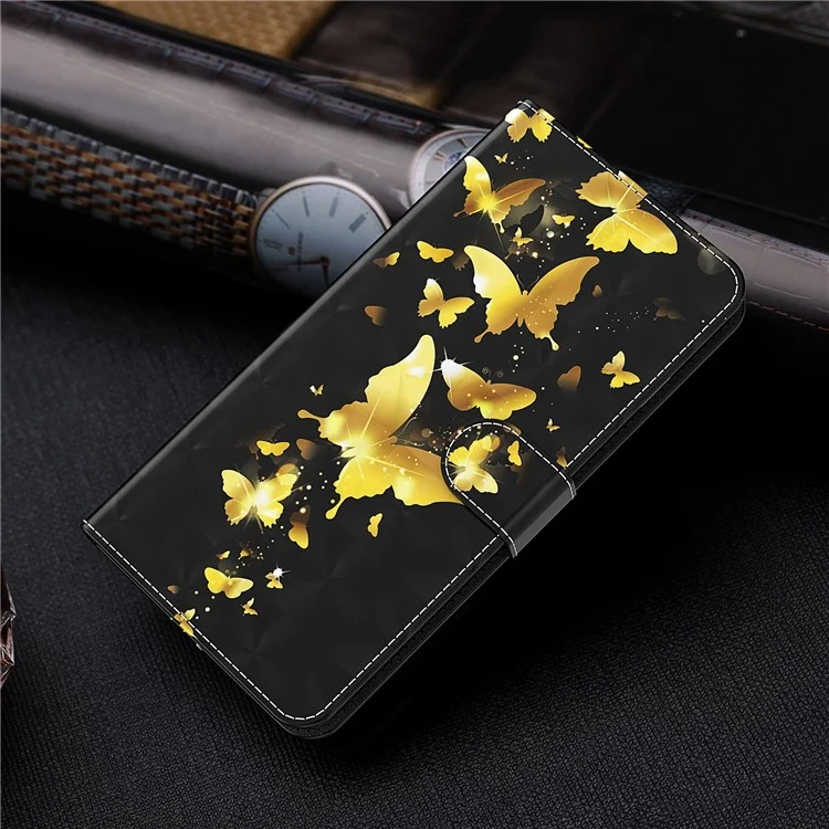 Light Spot Decor Pattern Printing Wallet Stand Leather Phone Cover with Strap for Samsung Galaxy S21 5G/S21 4G - Gold Butterfly