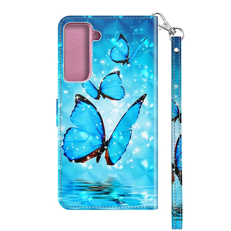 Light Spot Decor Pattern Printing Wallet Stand Leather Phone Cover with Strap for Samsung Galaxy S21 5G/S21 4G - Blue Butterfly