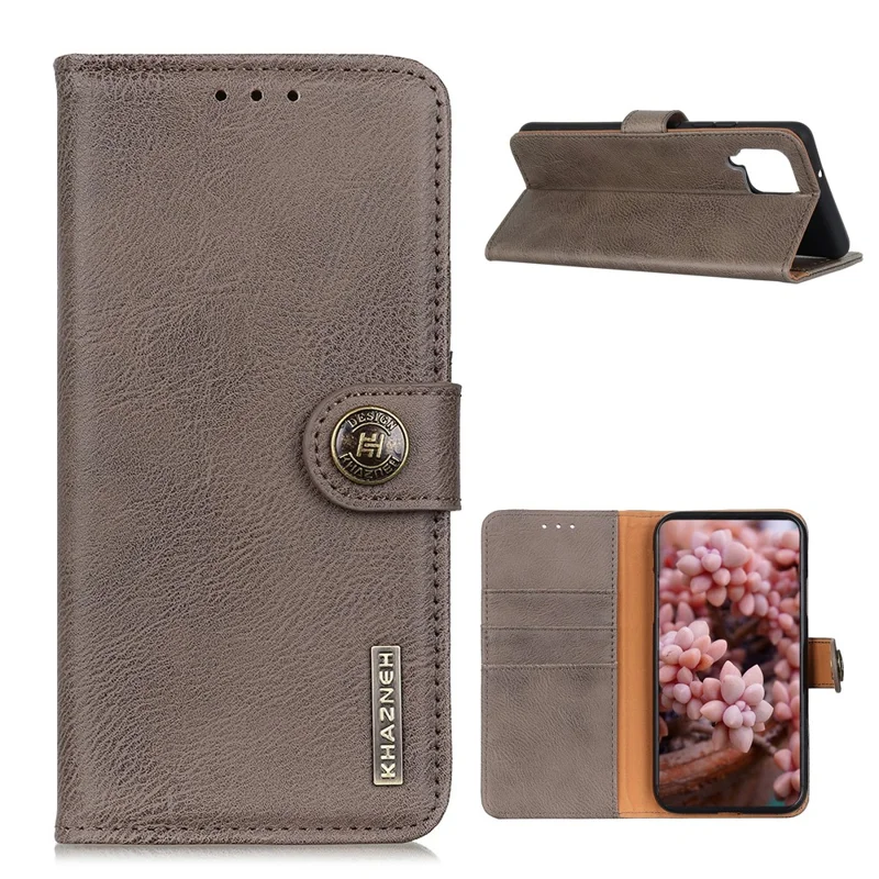 KHAZNEH Retro Style Leather Protector Stand Case for Samsung Galaxy A12 with Magnetic Clasp Closure - Khaki