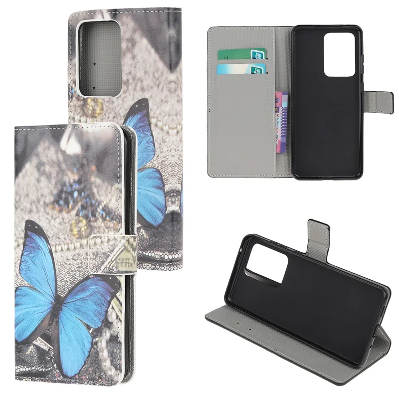 Wallet Stand Leather Pattern Printing Protective Case for Samsung Galaxy S30 Ultra/S21 Ultra - Blue Butterfly